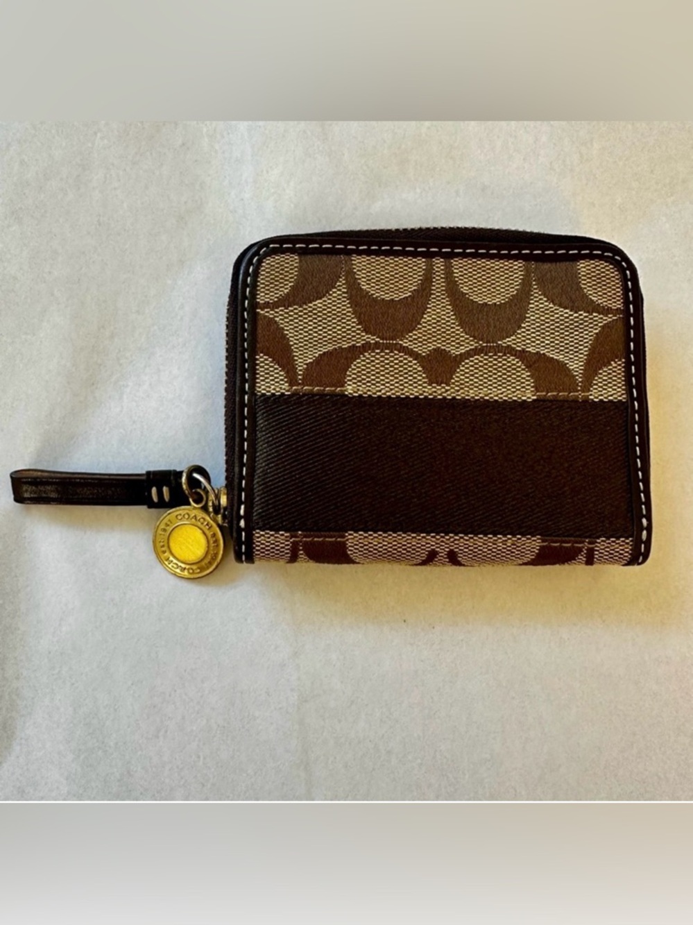 Coach Signature Stripe Zip Coin Wallet Card Case Brown Khaki Canvas Gold Charm